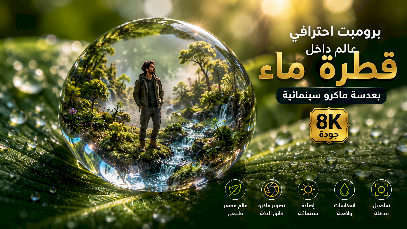 برومبت تحويل صورتك إلى عالم داخل قطرة ماء عملاقة بعدسة ماكرو سينمائية بجودة 8K