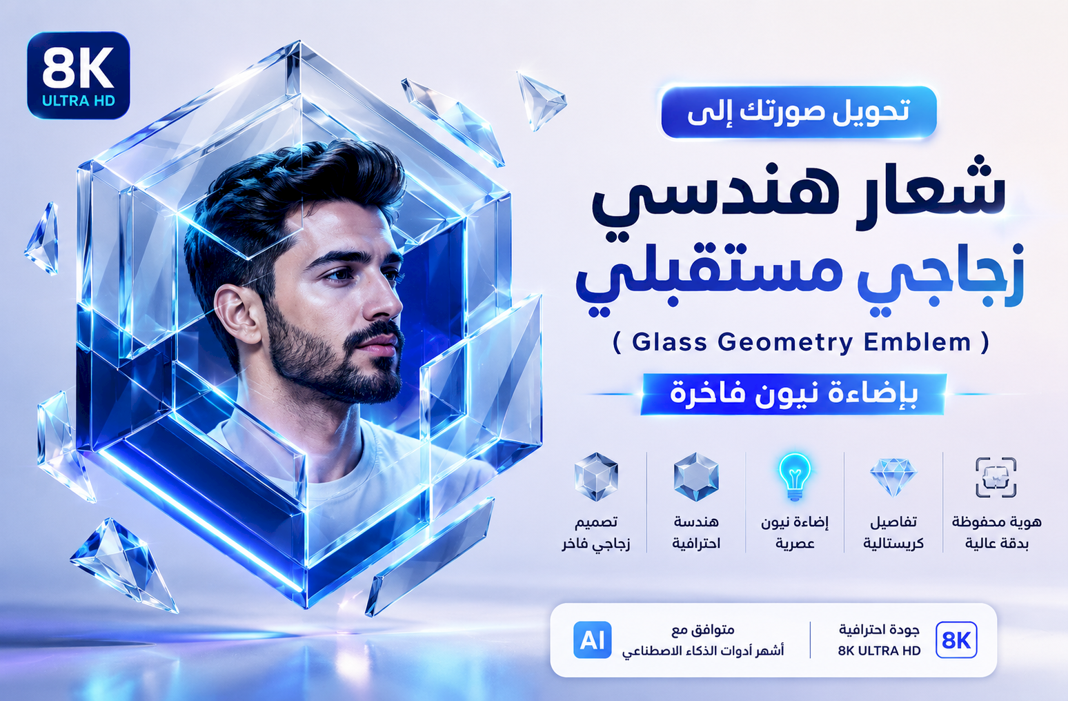 تحويل صورتك إلى شعار هندسي زجاجي مستقبلي (Glass Geometry Emblem) بإضاءة نيون فاخرة 8K