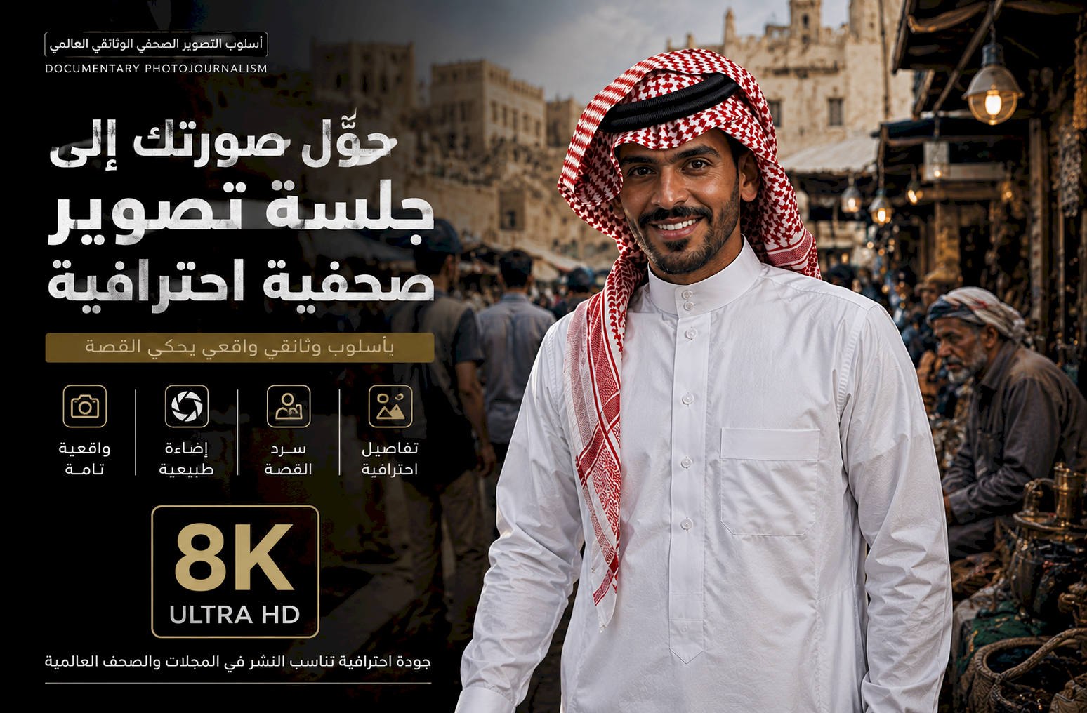حوّل صورتك إلى جلسة تصوير صحفية عالمية بأسلوب Documentary Photojournalism Photography بدقة 8K