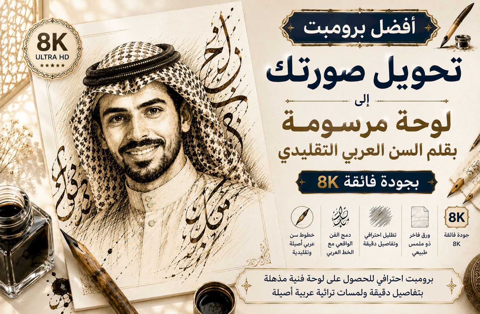 أفضل برومبت تحويل صورتك إلى لوحة مرسومة بقلم السن العربي التقليدي (Reed Pen) بجودة 8K