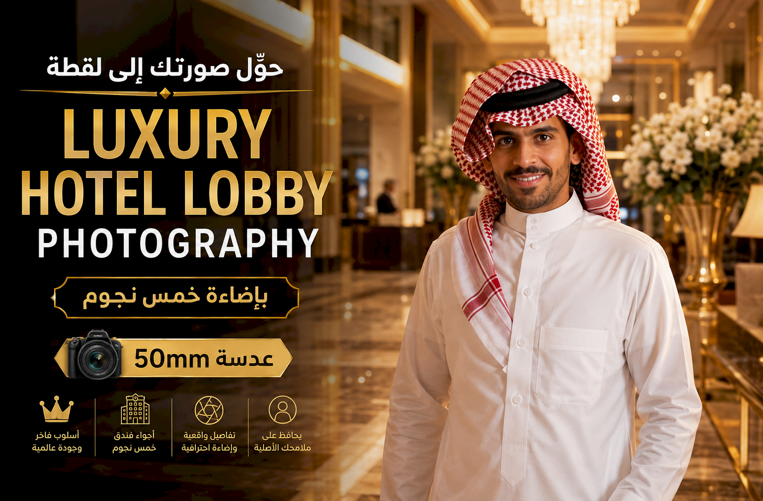 حوّل صورتك إلى لقطة Luxury Hotel Lobby Photography بإضاءة خمس نجوم وعدسة 50mm