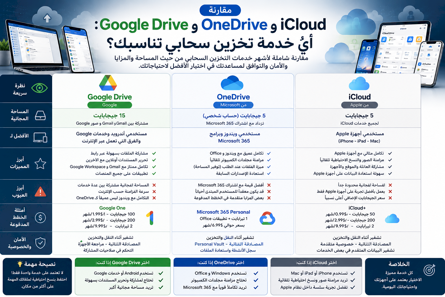 مقارنة Google Drive وOneDrive وiCloud: أي خدمة تخزين سحابي تناسبك؟
