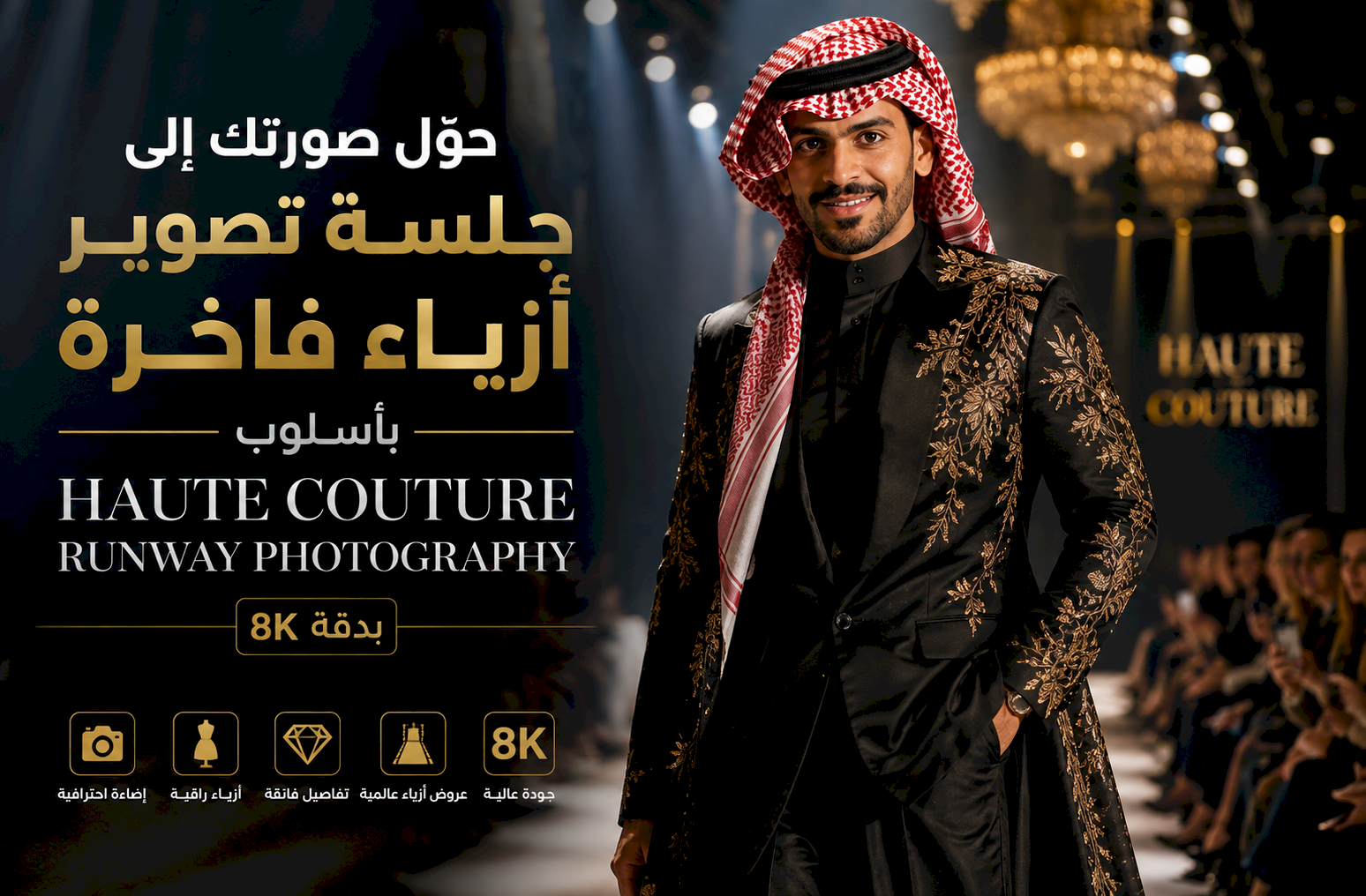 حوّل صورتك إلى جلسة تصوير أزياء فاخرة بأسلوب Haute Couture Runway Photography بدقة 8K