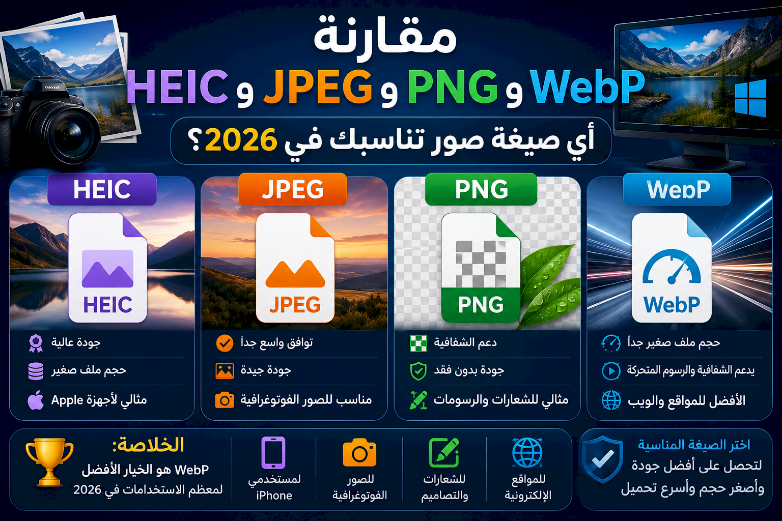 مقارنة HEIC وJPEG وPNG وWebP: أي صيغة صور تناسبك في 2026؟