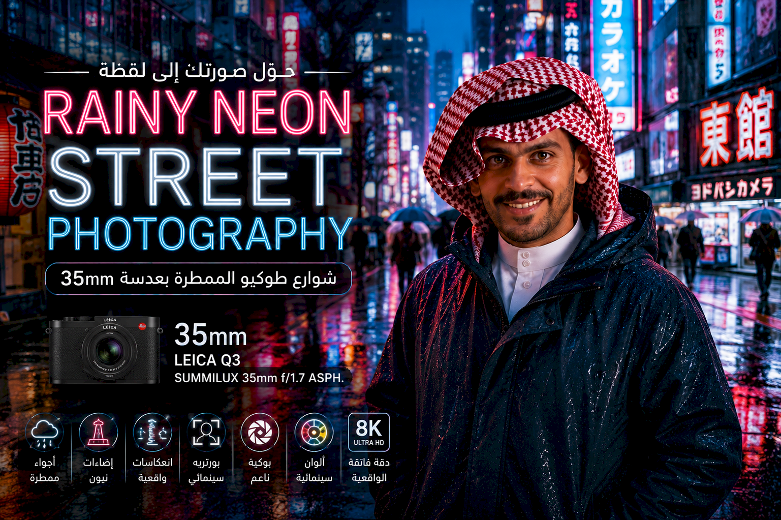 حوّل صورتك إلى لقطة Rainy Neon Street Photography في شوارع طوكيو الممطرة بعدسة 35mm