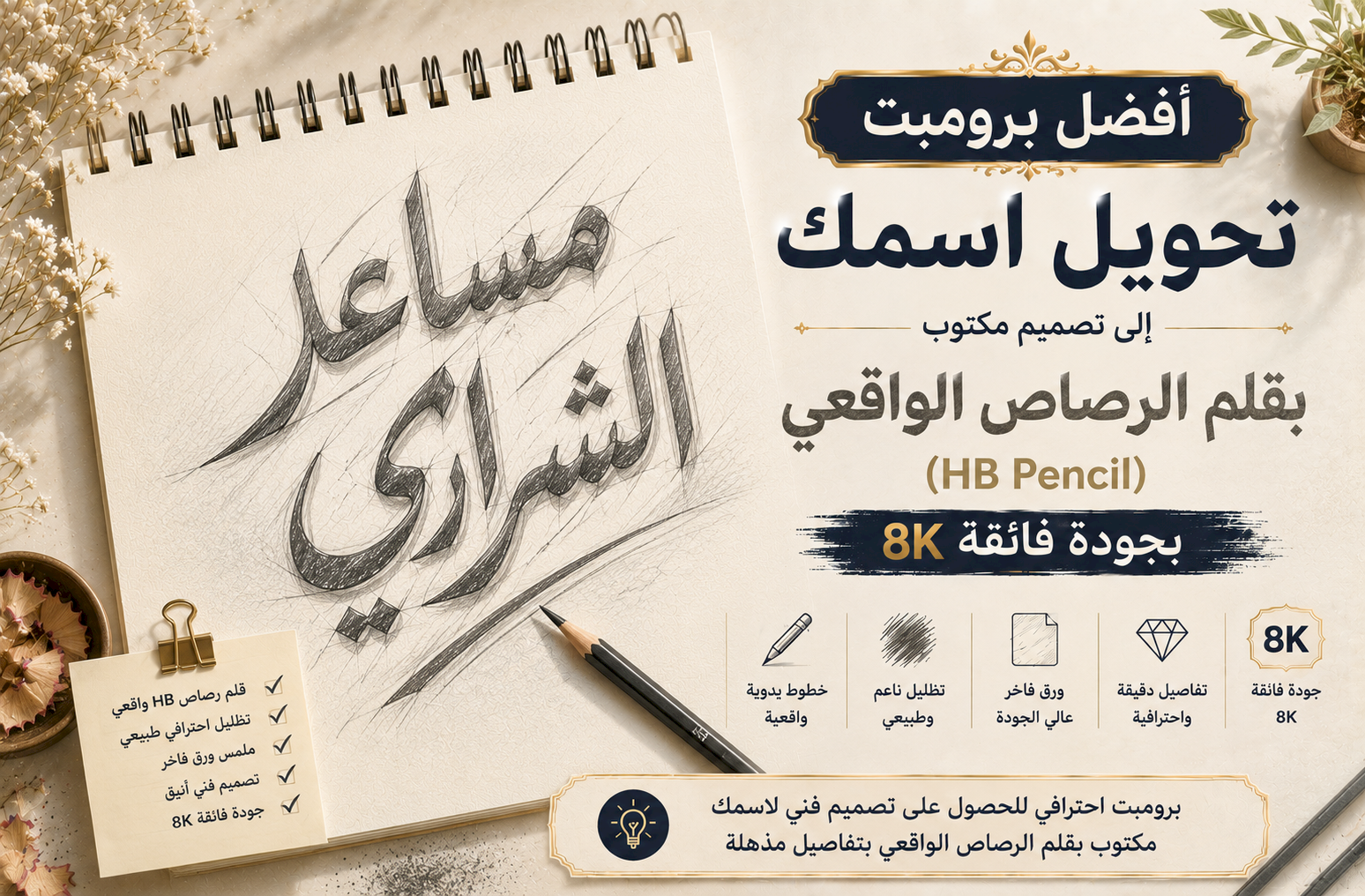 أفضل برومبت تحويل اسمك إلى تصميم مكتوب بقلم الرصاص الواقعي (HB Pencil) بجودة 8K