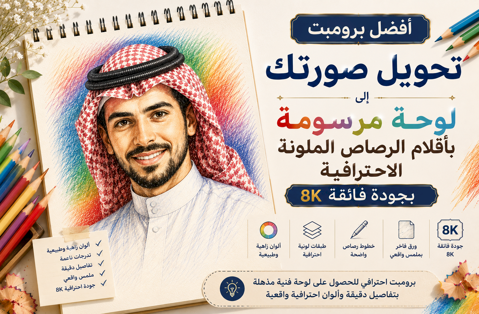 أفضل برومبت تحويل صورتك إلى لوحة مرسومة بأقلام الرصاص الملونة الاحترافية (Colored Pencils) بجودة 8K