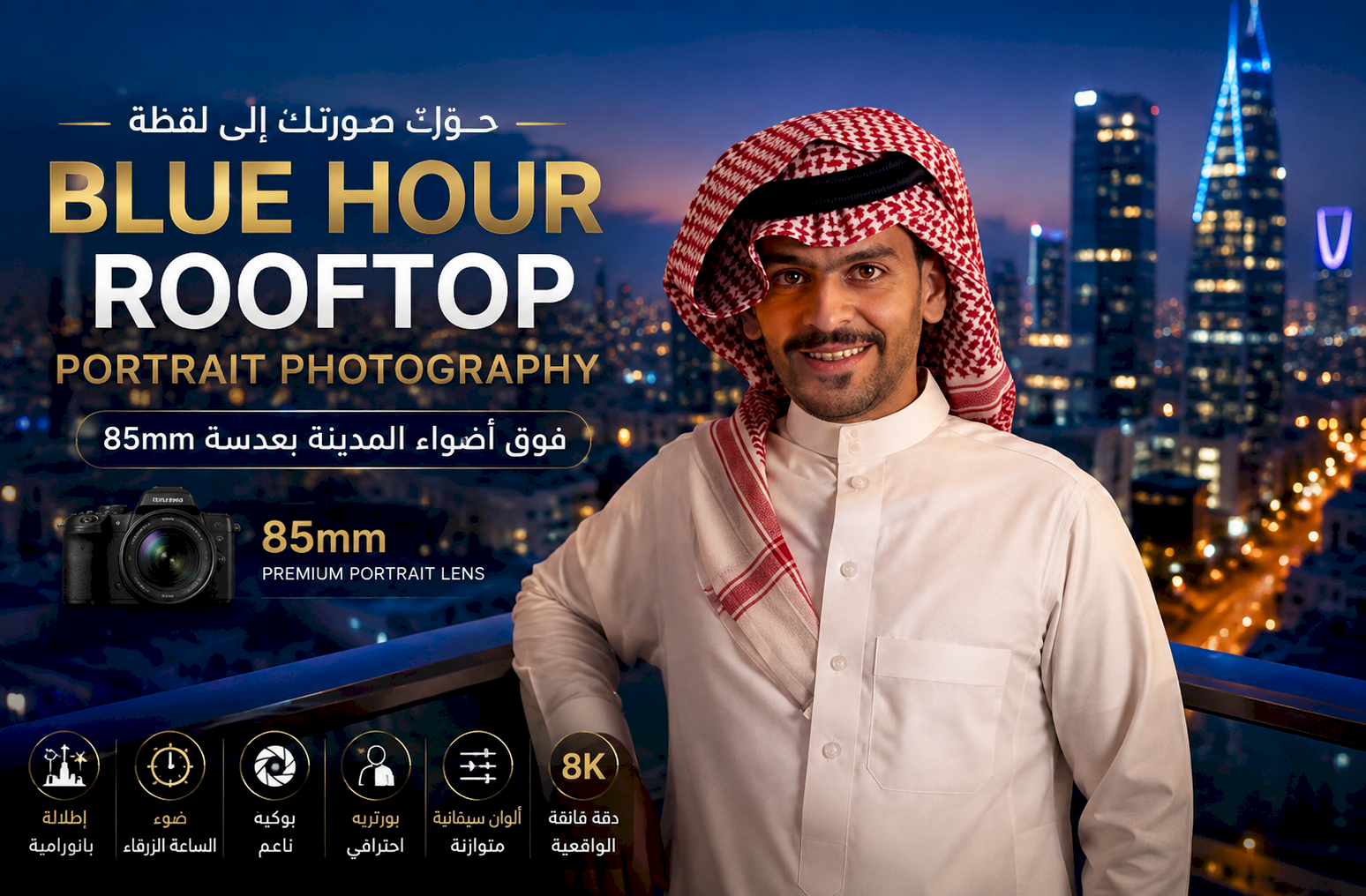 حوّل صورتك إلى لقطة Blue Hour Rooftop Portrait Photography فوق أضواء المدينة بعدسة 85mm