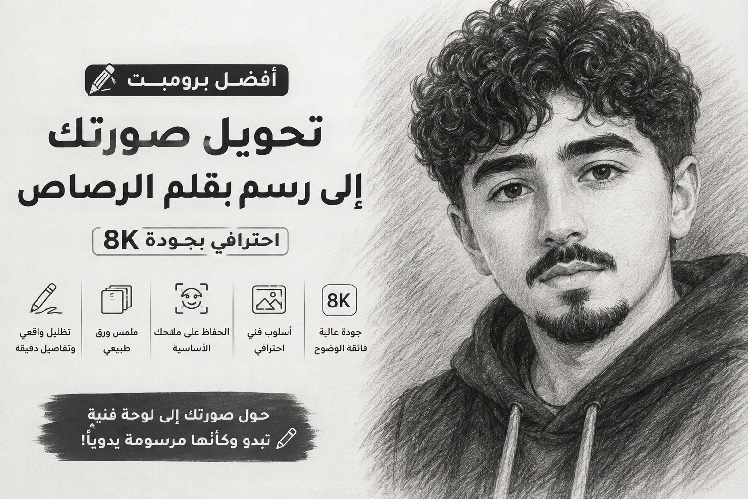 أفضل برومبت تحويل صورتك إلى رسم بقلم الرصاص احترافي بجودة 8K