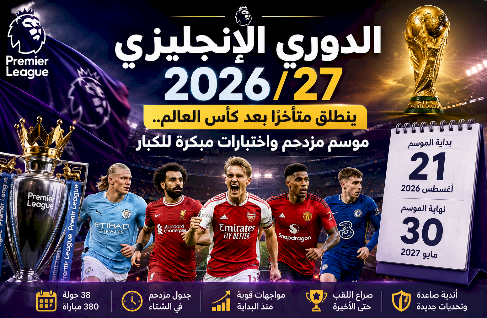 الدوري الإنجليزي 2026/27 ينطلق متأخرًا بعد كأس العالم.. موسم مزدحم واختبارات مبكرة للكبار
