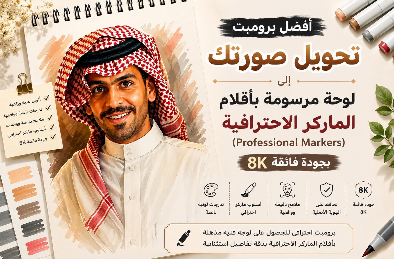 أفضل برومبت تحويل صورتك إلى لوحة مرسومة بأقلام الماركر الاحترافية (Professional Markers) بجودة 8K