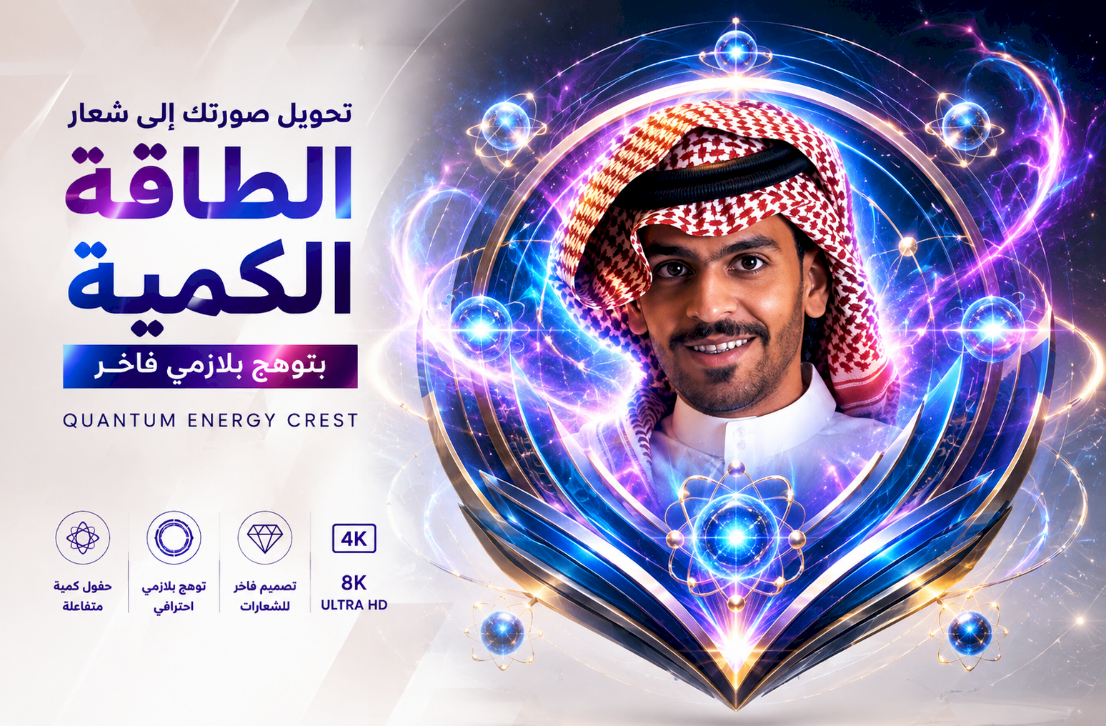 تحويل صورتك إلى شعار «الطاقة الكمية» (Quantum Energy Crest) بتوهج بلازمي فاخر 8K