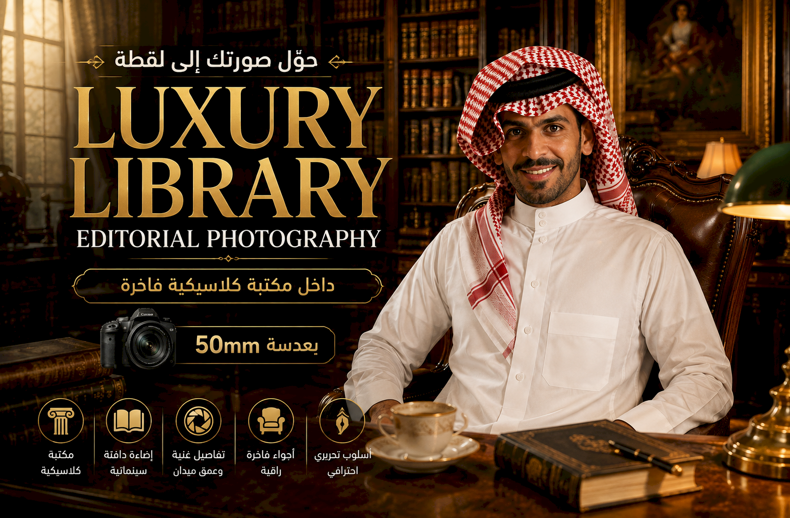 حوّل صورتك إلى لقطة Luxury Library Editorial Photography داخل مكتبة كلاسيكية فاخرة بعدسة 50mm