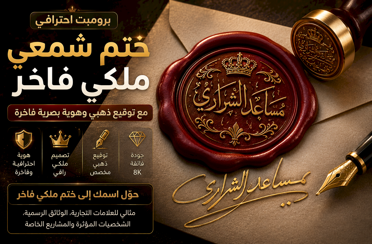 أفضل برومبت تحويل اسمك إلى ختم شمعي ملكي فاخر مع توقيع ذهبي وهوية بصرية فاخرة بجودة 8K