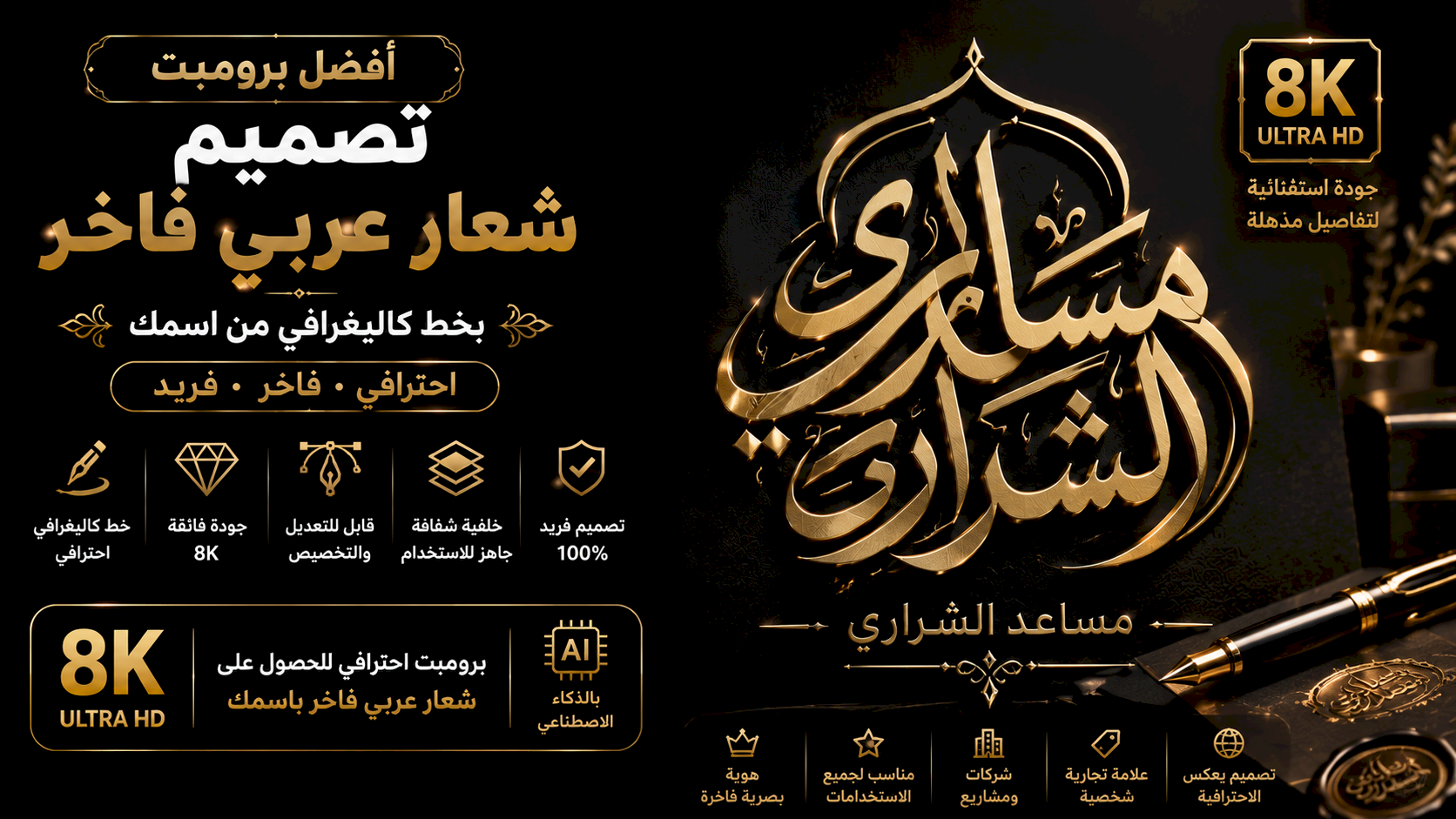 أفضل برومبت تصميم شعار عربي فاخر بخط كاليغرافي من اسمك بجودة 8K