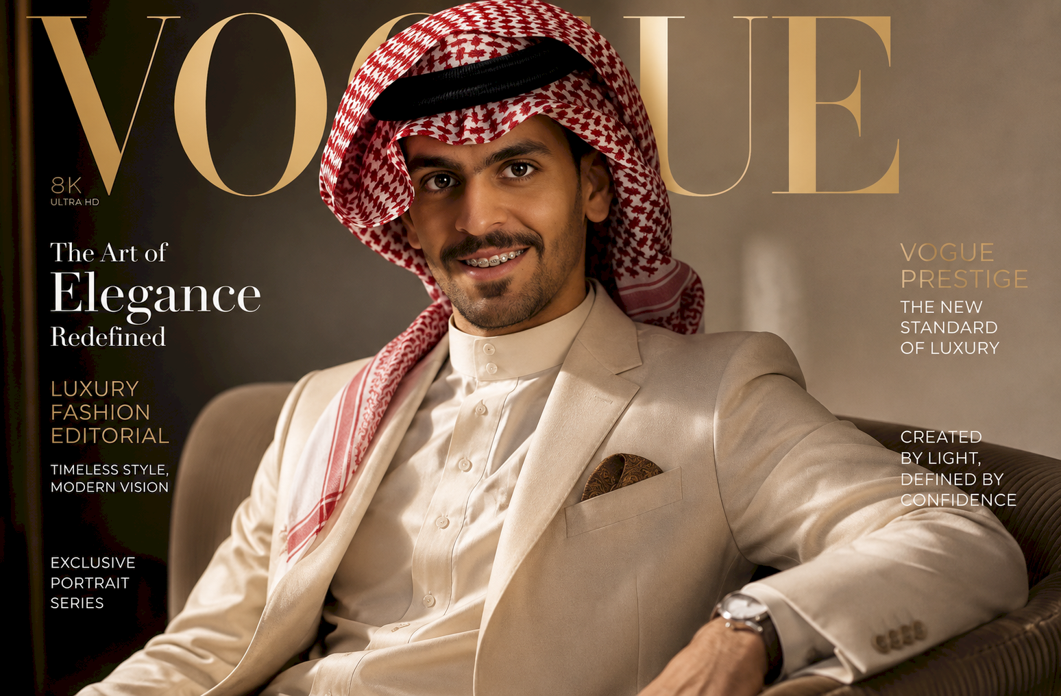 حوّل صورتك إلى جلسة تصوير افتتاحية فاخرة بأسلوب Vogue Editorial Luxury Photography بدقة 8K