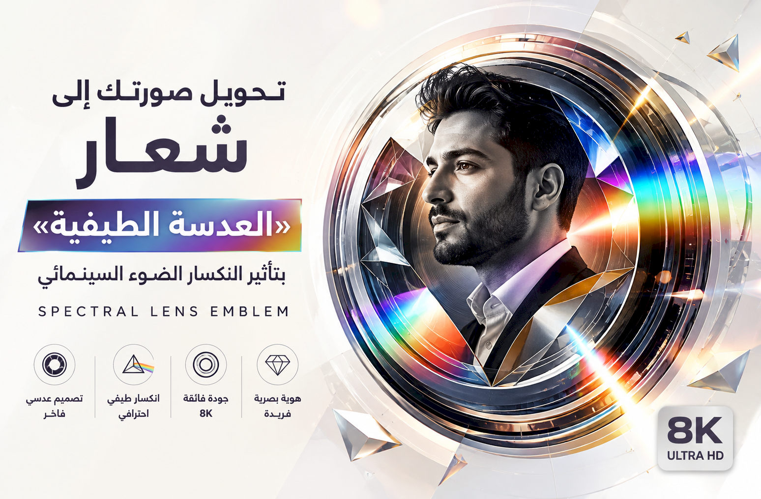 تحويل صورتك إلى شعار «العدسة الطيفية» (Spectral Lens Emblem) بتأثير انكسار الضوء السينمائي 8K