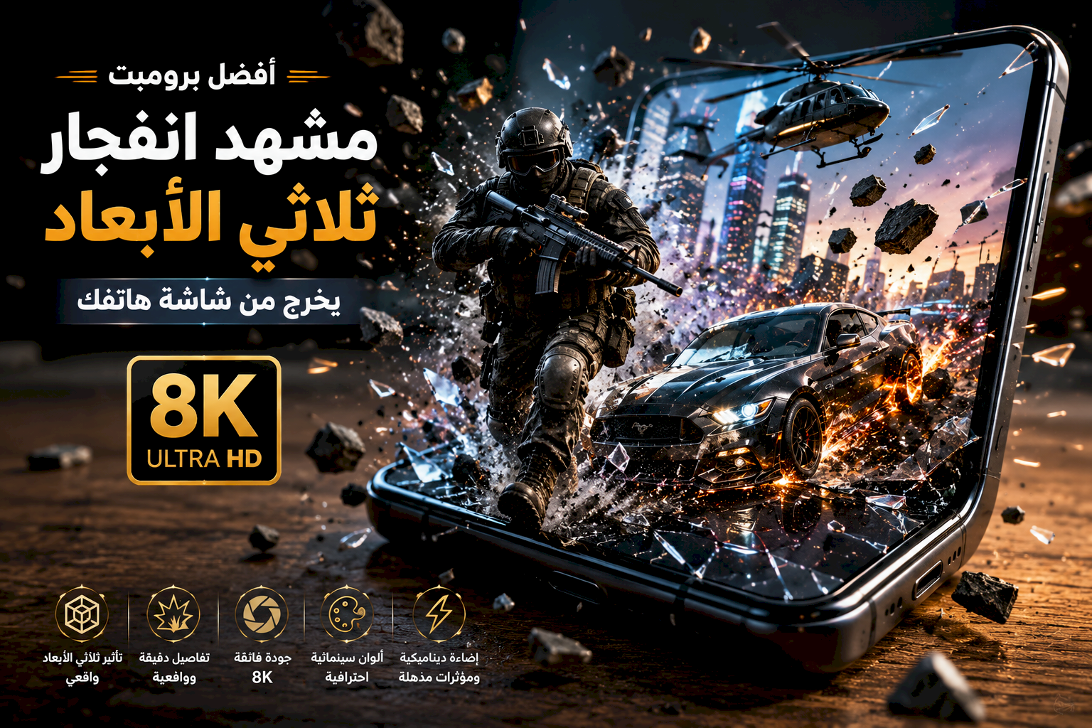 أفضل برومبت إنشاء مشهد انفجار ثلاثي الأبعاد يخرج من شاشة هاتفك بجودة 8K