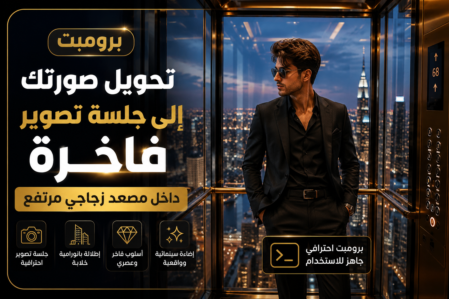 برومبت جلسة تصوير داخل مصعد زجاجي فاخر وقت الغروب