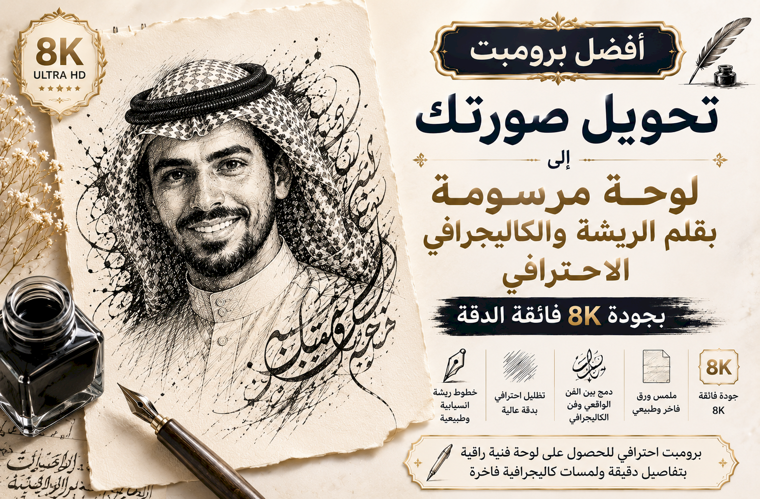 أفضل برومبت تحويل صورتك إلى لوحة مرسومة بقلم الريشة والكاليجرافي الاحترافي (Dip Pen & Calligraphy) بجودة 8K