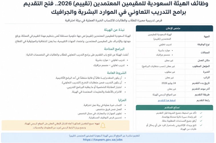 وظائف الهيئة السعودية للمقيمين المعتمدين (تقييم) 2026.. فتح التقديم على برامج التدريب التعاوني في الموارد البشرية والجرافيك
