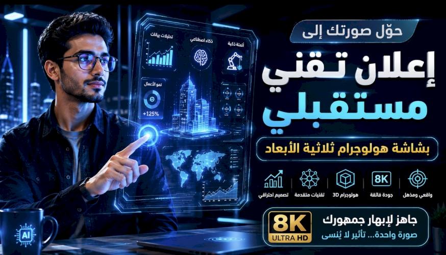برومبت تحويل صورتك إلى إعلان تقني مستقبلي بشاشة هولوجرام ثلاثية الأبعاد بجودة 8K
