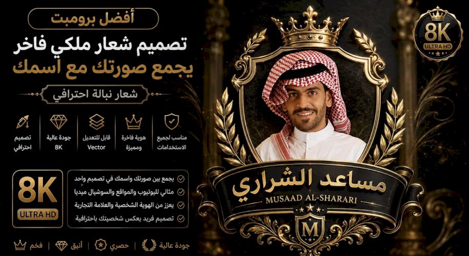أفضل برومبت تصميم شعار ملكي فاخر يجمع صورتك مع اسمك داخل شعار نبالة (Royal Portrait Crest) بجودة 8K